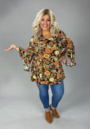 81 PSS {Darling Of Mine} Black/Rust Floral V-Neck Top EXTENDED PLUS 4X 5X 6X