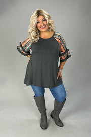 82 CP-F {Just Be You} Charcoal Tunic W/Striped Sleeve PLUS SIZE 1X 2X 3X