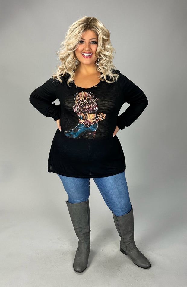 SALE!! 19 SD {Rodeo Round Up} Vocal Black Western Boot Graphic Top PLUS SIZE 1X 2X 3X