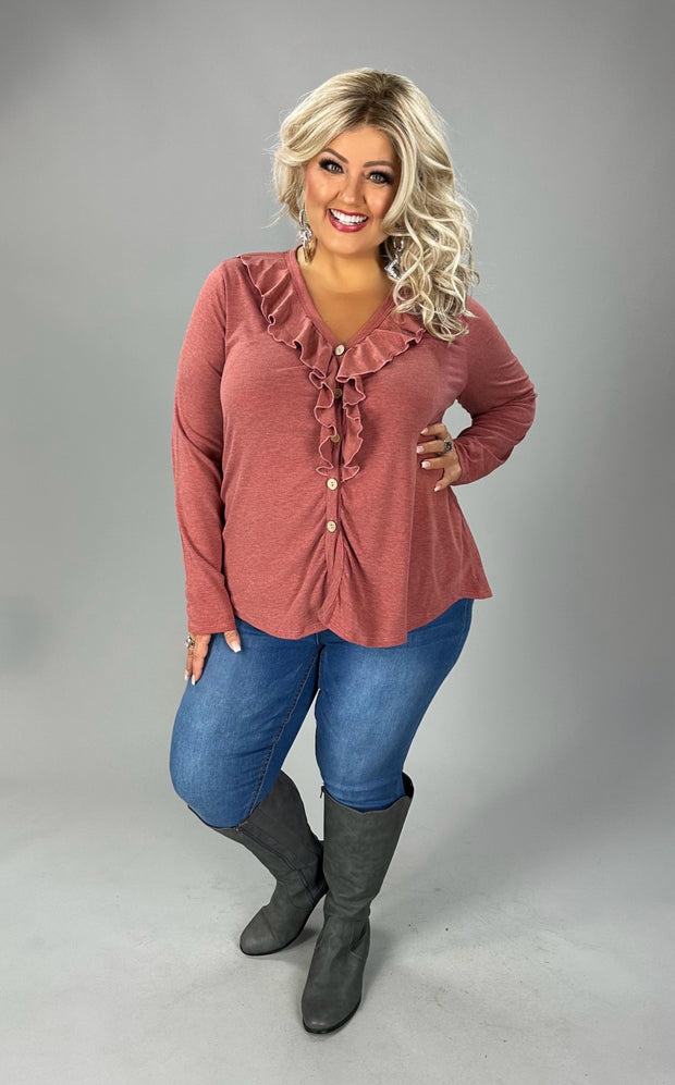 28 SLS  {Know Me Best} Rust Ruffle V-Neck Top  Buttons  PLUS SIZE XL 2X 3X