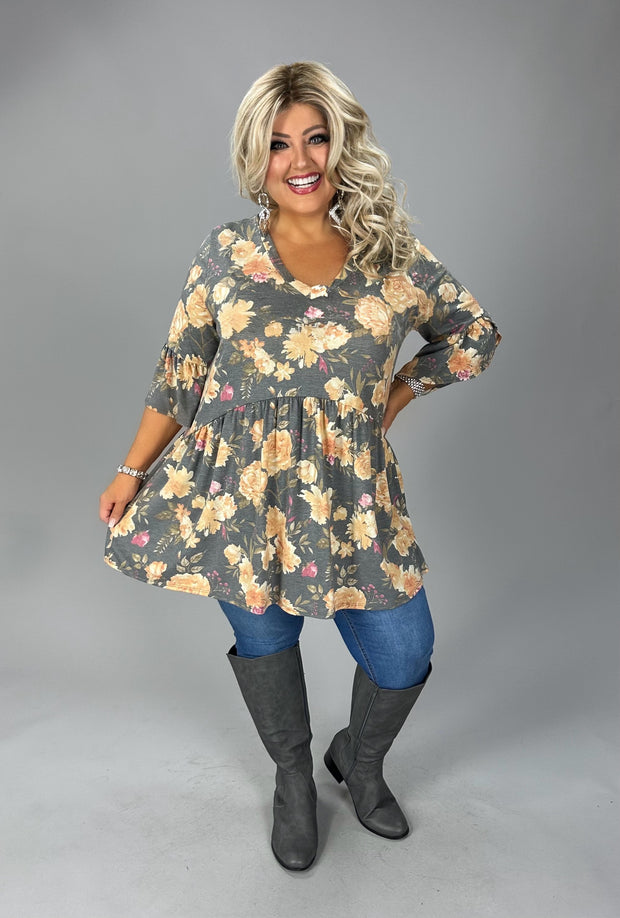 61 PSS {Loving Glance} Charcoal Floral Babydoll V-Neck Tunic EXTENDED PLUS SIZE 3X 4X 5X