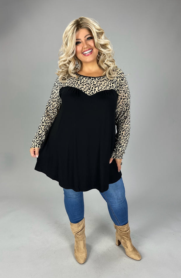 28 CP {Downtown Attitude} Black/Leopard  Print Contrast  Top PLUS SIZE XL 2X 3X