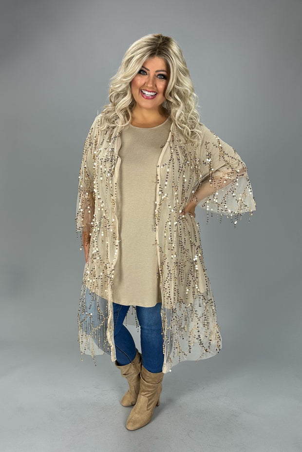 89 OT {Glitzy Time} Champagne Sheer Long Cardian w/Sequins PLUS SIZE 1X 2X 3X