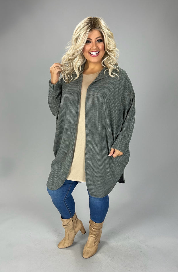 91 OT {Never Stop Trying} Olive Waffle Knit Cardigan w/Hood PLUS SIZE 1X 2X 3X