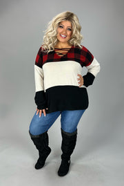 22 CP {Cozy Winters} Black/Red/Ivory Plaid Contrast Cage Neck Top PLUS SIZE 1X 2X 3X