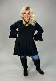 37 SQ {Dreaming Of Elegance} Black V-Neck Top w/ Tie Cross Neck Detail PLUS SIZE XL 2X 3X