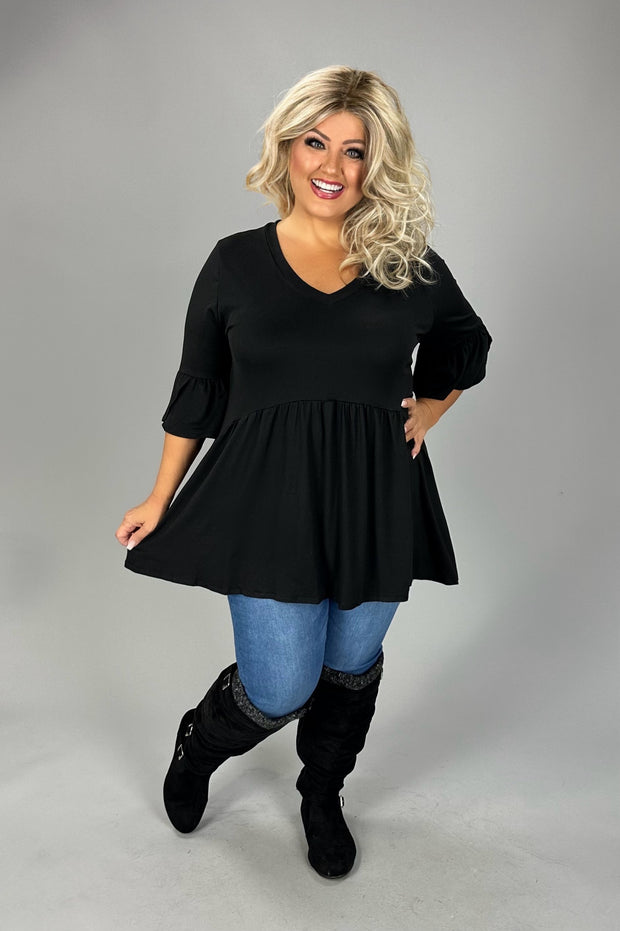 29 SQ {Capture Simplicity} Black Babydoll V-Neck Top  EXTENDED PLUS 1X 2X 3X 4X 5X