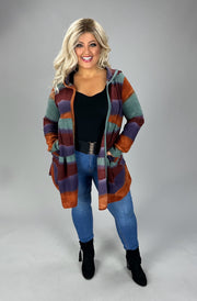 37  OT-E {Positive Steps} Rust Multi-Color Stripe Cardigan  W/Hood PLUS SIZE 1X 2X 3X