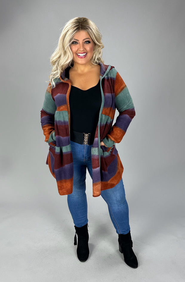 37  OT-E {Positive Steps} Rust Multi-Color Stripe Cardigan  W/Hood PLUS SIZE 1X 2X 3X