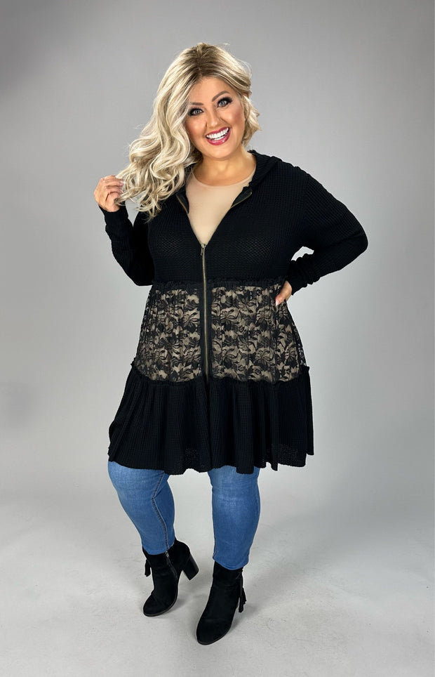 SALE!! 1-51 OT {Be That Girl} VOCAL Black Waffle Knit Hoodie w/ Lace Detail  PLUS SIZE XL 2X 3X