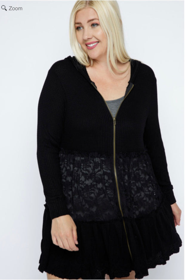 SALE!! 1-51 OT {Be That Girl} VOCAL Black Waffle Knit Hoodie w/ Lace Detail  PLUS SIZE XL 2X 3X