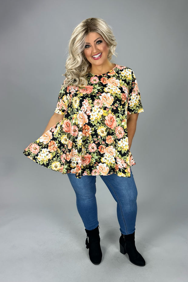 55 PSS {Tell It All} Black Floral Print Rounded Hem Top EXTENDED PLUS SIZE 3X 4X 5X