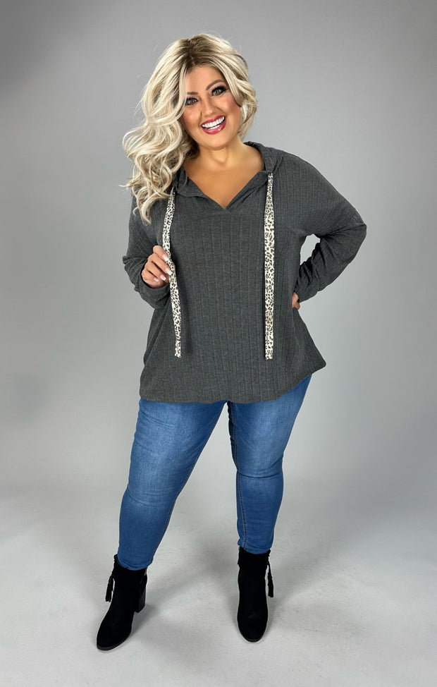 35 HD-A {Cozier Now} Charcoal Hoodie W/Leopard Tie  PLUS SIZE 1X 2X 3X