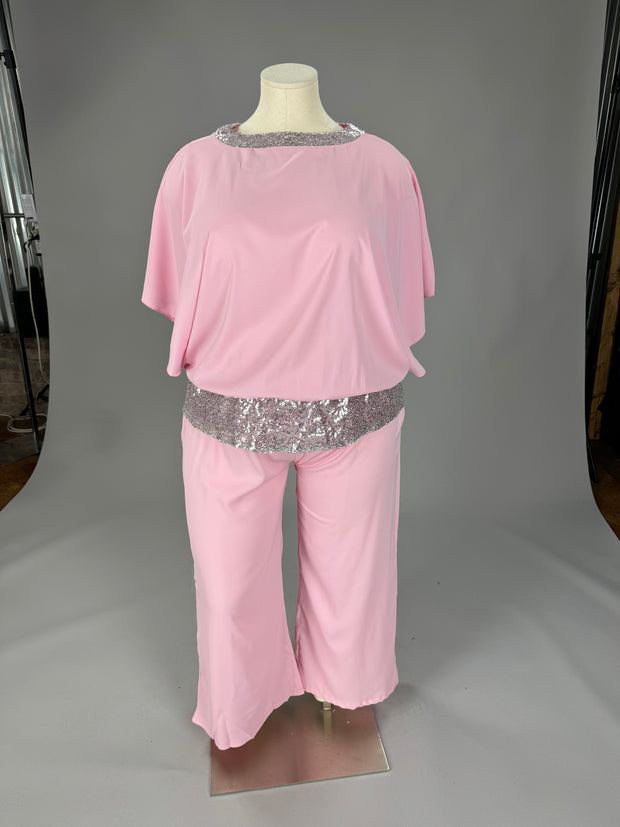 CW SET Pink Sequin Contrast 2 Piece Pants Set