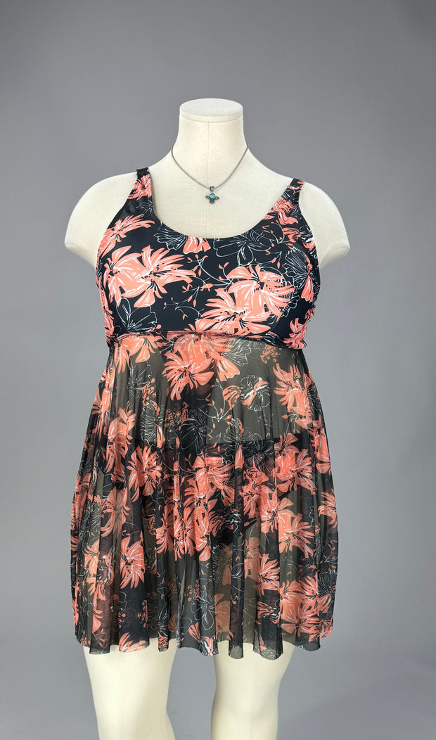 SWIM Black/Coral Floral Swimsuit w/Sheer Skirt