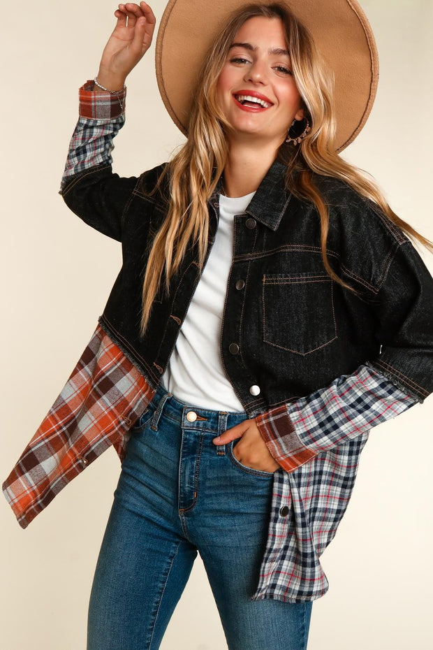 SALE! 45 OT {Midnight Wish} Black Denim Plaid Print Jacket PLUS SIZE XL 2X 3X