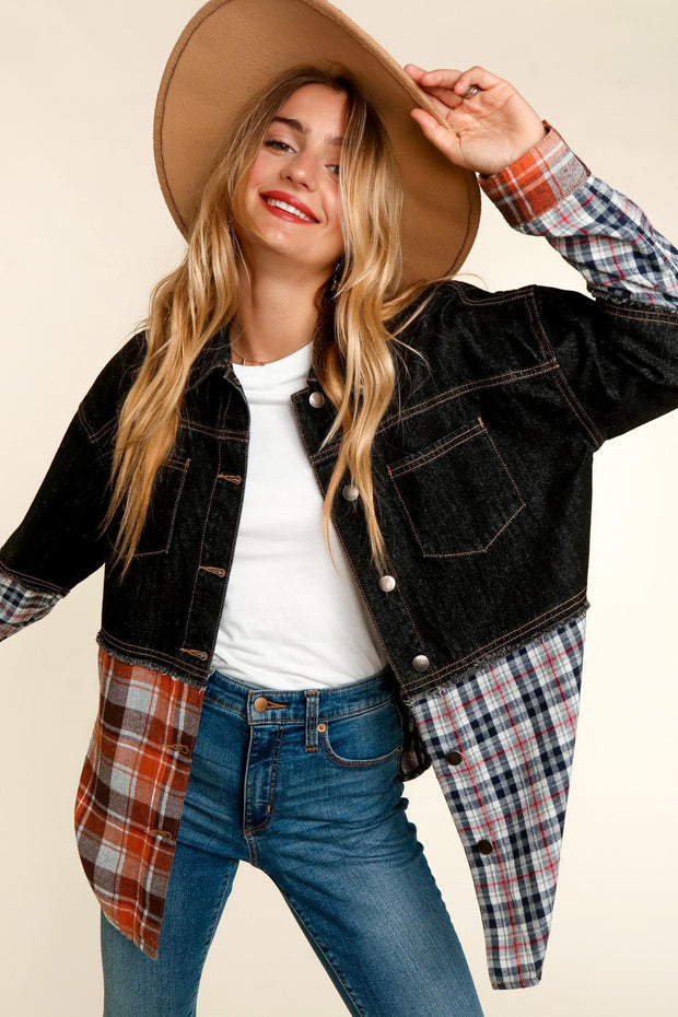 SALE! 45 OT {Midnight Wish} Black Denim Plaid Print Jacket PLUS SIZE XL 2X 3X