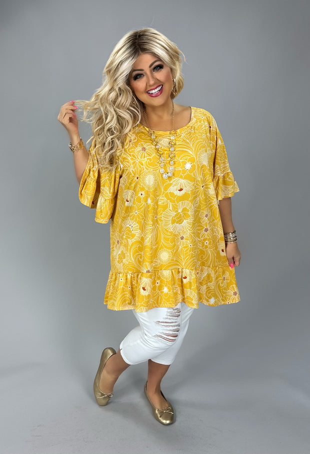 40 PSS {Bright As The Sun} Yellow Floral Ruffle Hem Top EXTENDED PLUS SIZE 4X 5X 6X