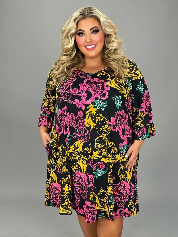 SALE!! 22 PQ-A {Change Your Life} Black Damask Print V-Neck Dress EXTENDED PLUS SIZE 4X 5X 6X