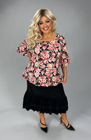 91 PQ {From The Garden} Black Floral Ruffle Sleeve Top PLUS SIZE XL 2X 3X