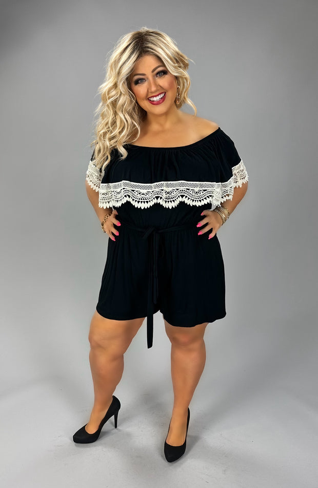 87 RP-J {What A Doll} Black Off Shoulder Romper w/Lace PLUS SIZE XL 2X 3X