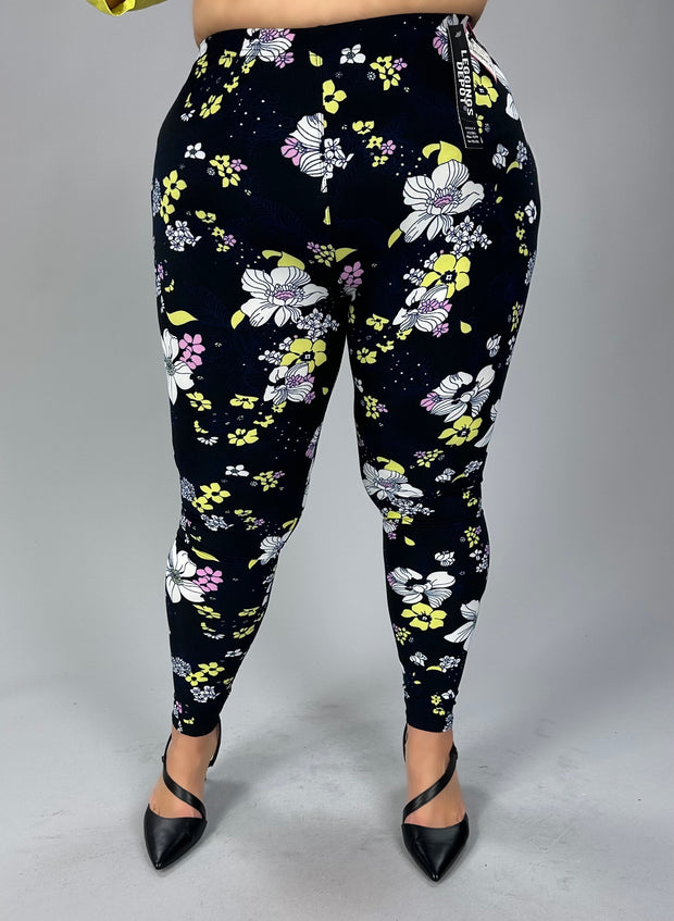 LEG-84 Black Leggings with White, Yellow  & Pink Floral Print Plus Size