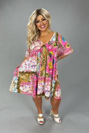 33 PSS {World Class Style} Pink Mixed Print V-Neck Dress EXTENDED PLUS SIZE 4X 5X 6X