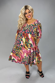 98 PSS-P {One In A Million} Pink/Teal Print V-Neck Dress EXTENDED PLUS SIZE 3X 4X 5X