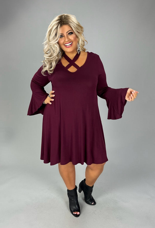 36 SQ {Dreaming Of Elegance} Burgundy V-Neck Top w/  Tie Cross Neck Detail PLUS SIZE XL 2X 3X