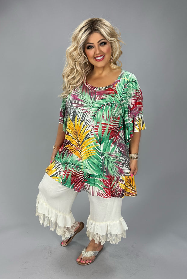 70 PSS {Heard It All} Green Leaf Print Top w/Ruffle Hem PLUS SIZE 1X 2X 3X  (True To Size}