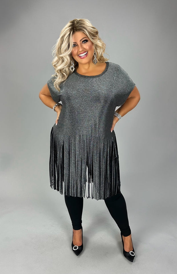 86 SSS {Definite Icon} VOCAL Silver Glittery Top w/ Fringe Hem