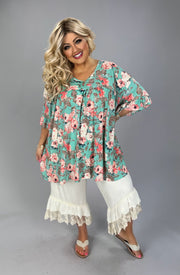 41 PSS {It's Our Time} Teal Coral Floral Ruffle Sleeve Top EXTENDED PLUS SIZE 4X 5X 6X