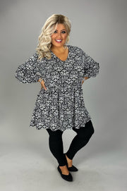 46 PSS {Modern Love} Black/Ivory Damask V-Neck Babydoll Top  EXTENDED PLUS SIZE 3X 4X 5X