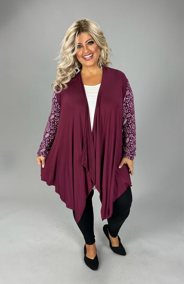 63 OT-C {Floral Motif} Burgundy Cardigan W/Floral Sleeve PLUS SIZE 1X 2X 3X