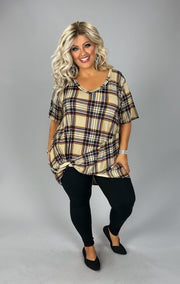 SALE! 25 PSS {Ready Or Knot} Beige Plaid V-Neck Top w/Front Knot  EXTENDED PLUS SIZE 3X 4X 5X