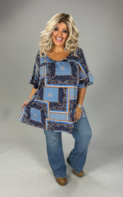 59 PSS {Fond Of You} Navy Paisley Patchwork V-Neck Top EXTENDED PLUS SIZE 4X 5X 6X