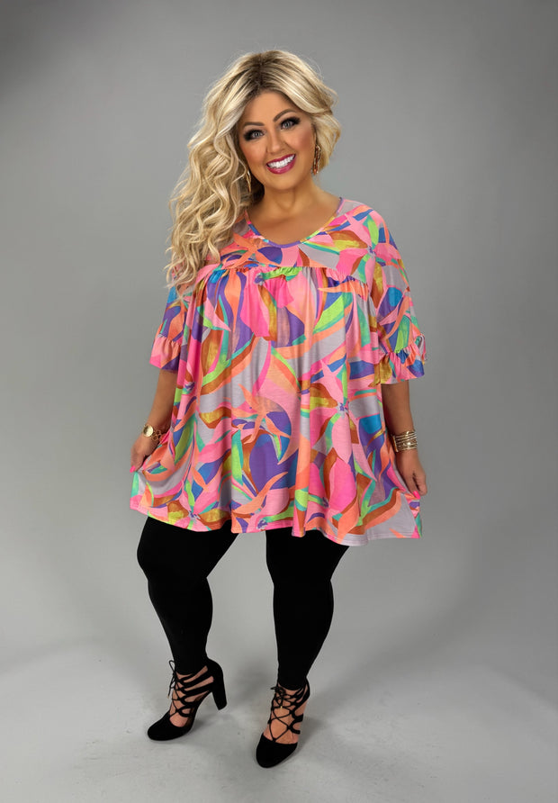 40 PSS {That's So True} Coral Pink Multi Printed Ruffle Sleeve Top EXTENDED PLUS SIZE 4X 5X 6X