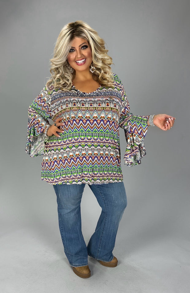 11 PQ {Watch Me Shine} Ivory/Green/Purple Print V-Neck Top EXTENDED PLUS SIZE 4X 5X 6X