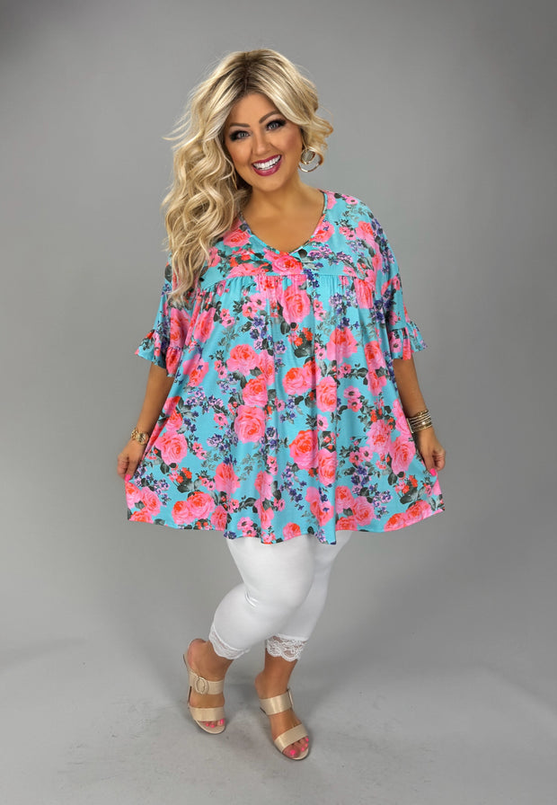 43 PSS {Totally Smitten} Sky Blue Floral Ruffle Sleeve Top EXTENDED PLUS SIZE 4X 5X 6X