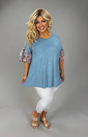 36 CP {On Cloud Nine} Gray Blue Top w/Floral Sleeve Detail PLUS SIZE 1X 2X 3X