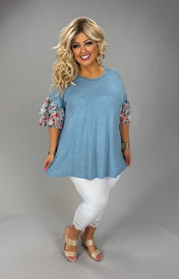 36 CP {On Cloud Nine} Gray Blue Top w/Floral Sleeve Detail PLUS SIZE 1X 2X 3X