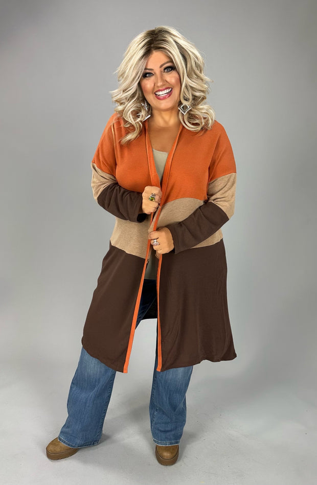 13 OT {Call It Cozy} Rust/Taupe/Brown  Color Block Cardigan PLUS SIZE