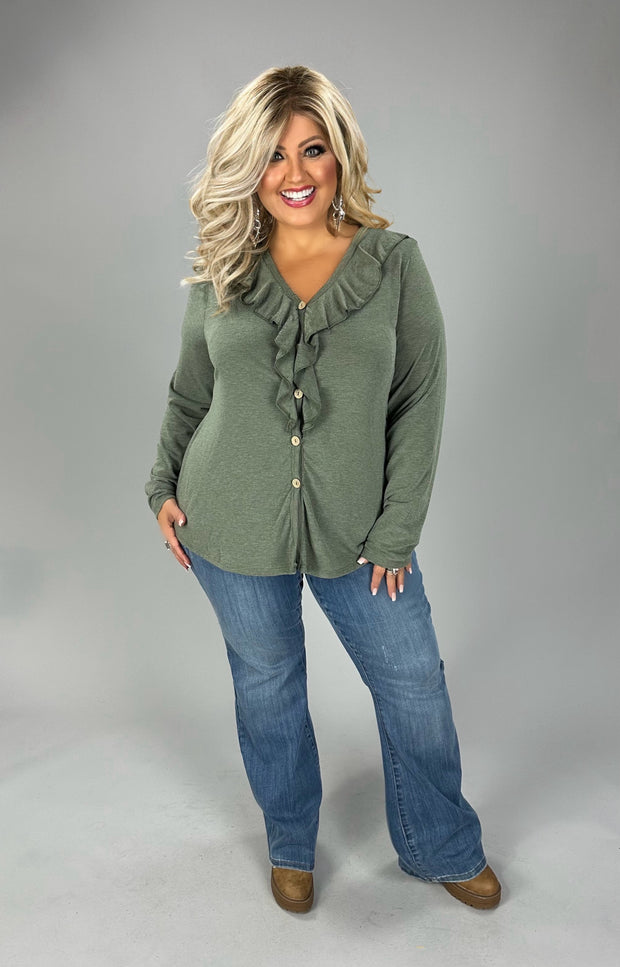 26 SLS {Know Me Best} Olive Ruffle V-Neck Top w/ Buttons PLUS SIZE XL 2X 3X