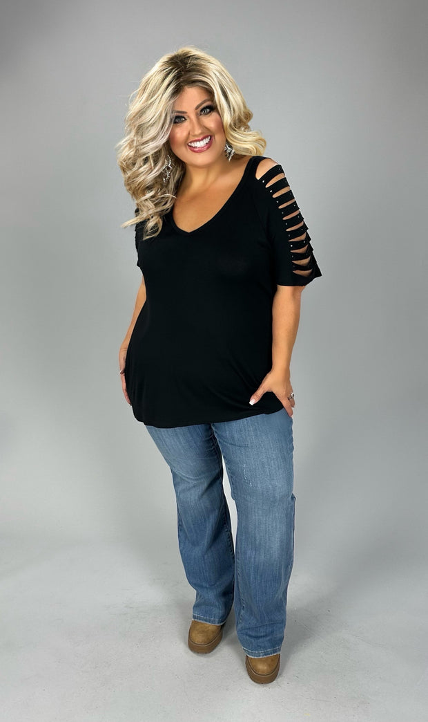 54 OS {Urban Outing} VOCAL Black V-Neck Top w/ Cut Out Sleeves PLUS SIZE XL 2X 3X