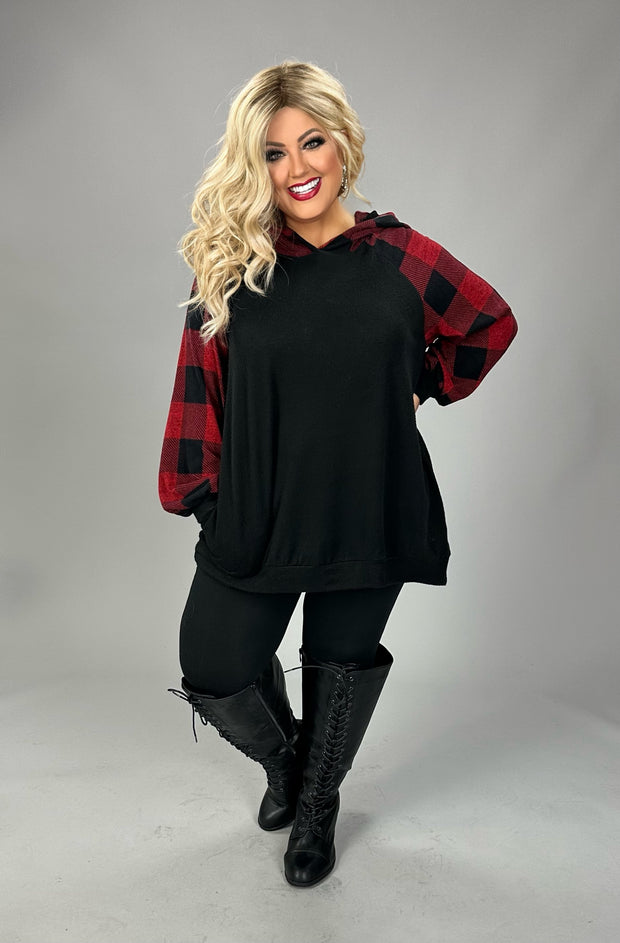 14 HD {Lifelong Memories} Red/Black Plaid Contrast Hoodie PLUS SIZE XL 2X 3X