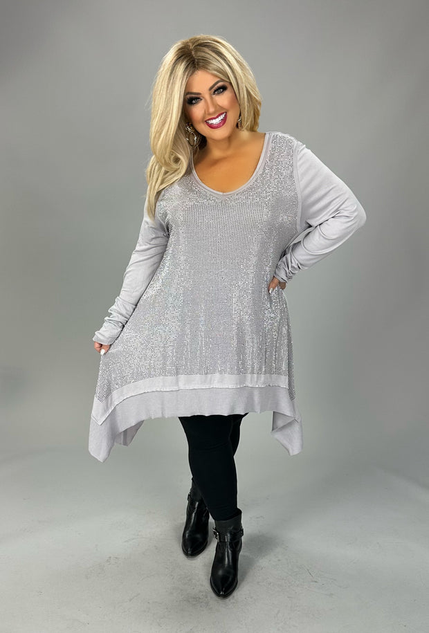 66 SD {Swing With Me} VOCAL GREY Rhinestone V-Neck Top