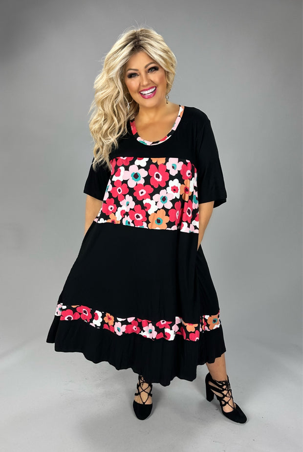 LD {Give It A Go} Black Pink Floral Contrast Short Sleeve Dress EXTENDED PLUS SIZE 4X 5X 6X