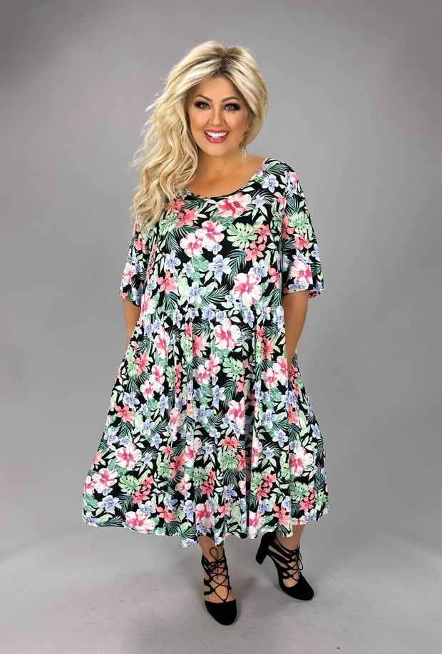 34 PSS {Tropical Blooms} Black Pink Tropical Floral Dress EXTENDED PLUS SIZE 3X 4X 5X 6X