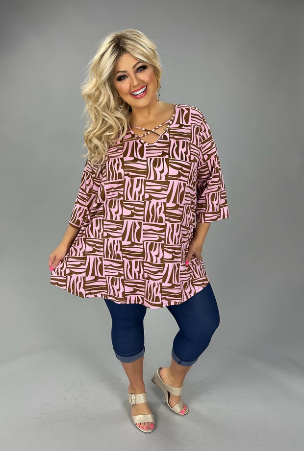 41 PQ {Basic Instincts} Pink Brown Print Cross Neck Top EXTENDED PLUS SIZE 3X 4X 5X