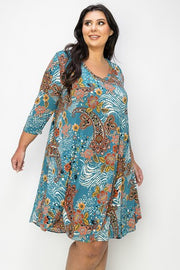 27 PQ {Flirting With Fall} Teal/Mustard Multi Print V-Neck Dress EXTENDED PLUS 3X 4X 5X